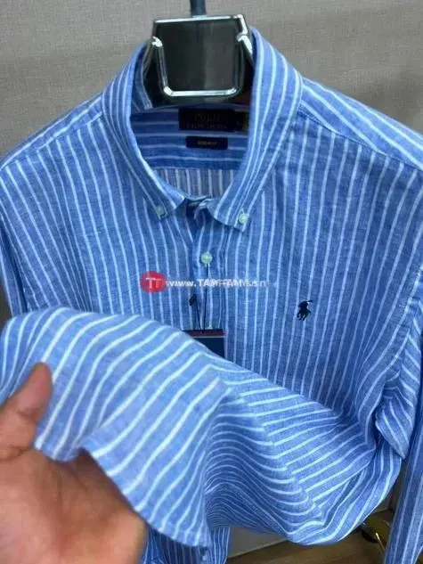 Ralph Lauren chemise Lin bleu rayé col boutonné