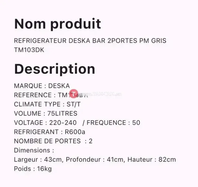 Réfrigérateur Deska Bar 2 portes Gris