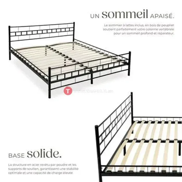 lit en métal 180x 2m noir lattes bois