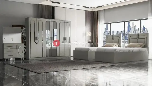 CHAMBRE A COUCHER 2LITS JUMEAUX 6BATTANTS 4PIECES GRIS