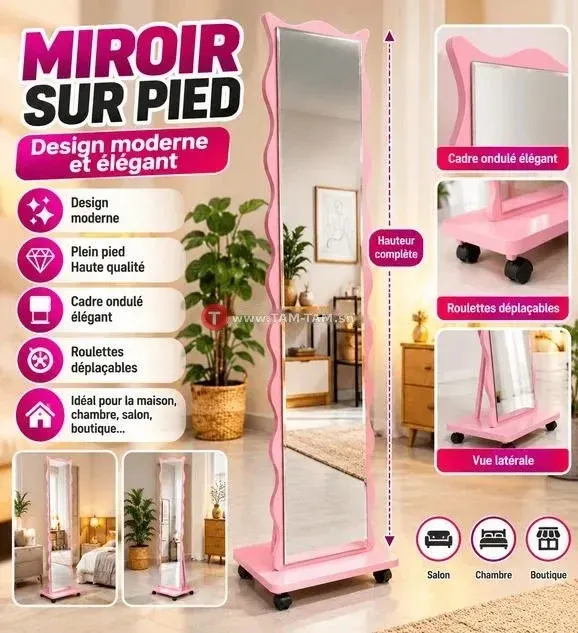 : Miroir sur Pied Rose avec Roulettes