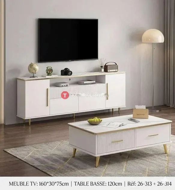 Ensemble Meuble TV 160cm et Table Basse Blanc & Doré