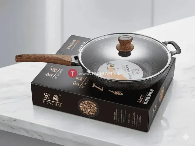 Poêle wok antiadhésive 32 cm avec couvercle en verre