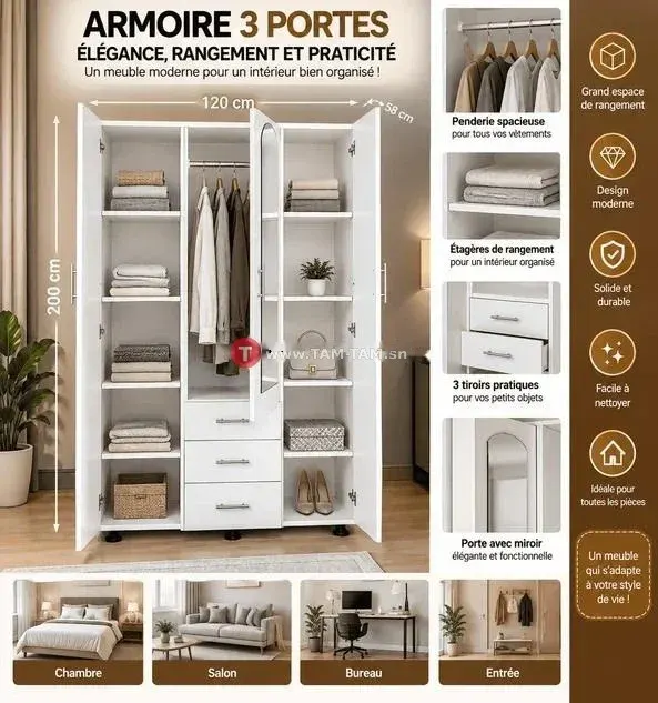 Armoire 3 Battants avec Miroir