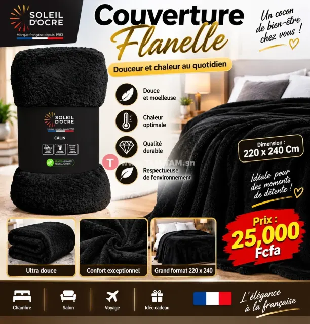 Couverture Flanelle 220x240 Cm Calin Noir, Par Sol