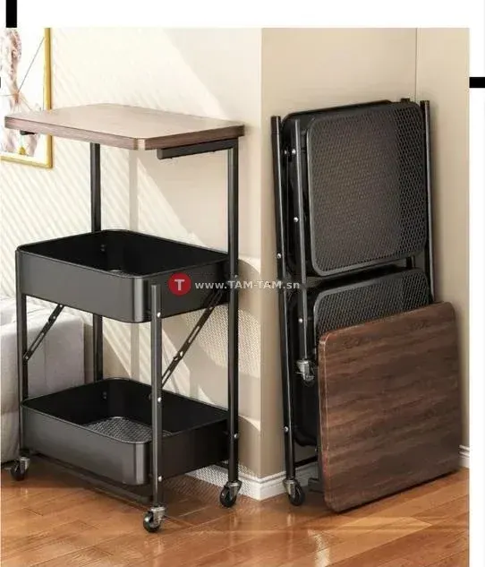 Desserte roulante pliable métal noir bois imitation noyer