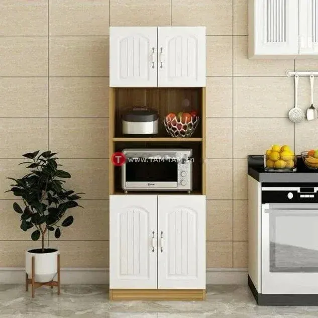 Meuble rangement cuisine 4 portes blanc bois naturel