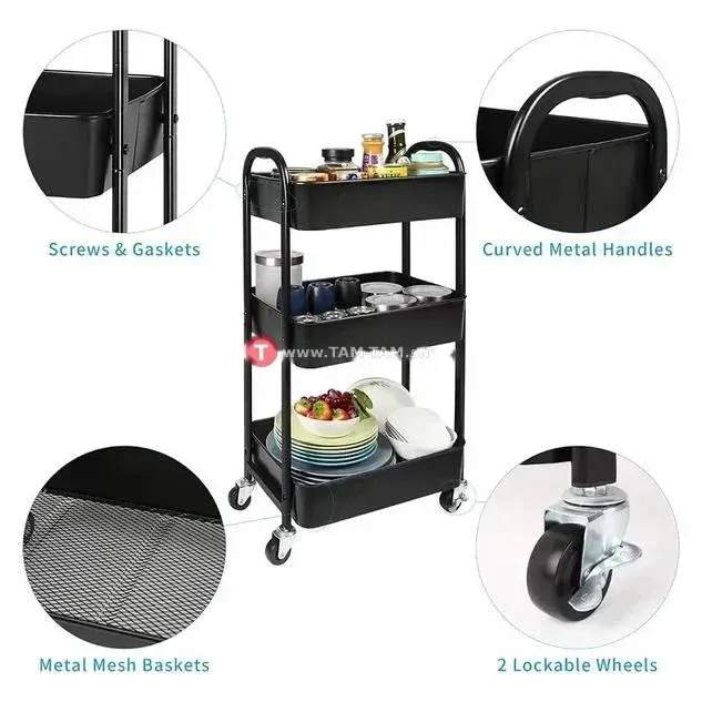 Desserte roulante métal 3 niveaux avec roues verrouillables
