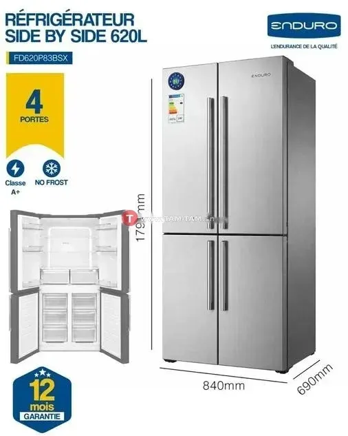 Réfrigérateur Enduro Side by Side 620L 4 portes No Frost A+