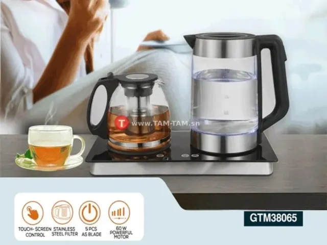BOUILLOIRE ELECTRIQUE 1.8L GEEPAS INOX +THETHIERE VERRE 1.2L