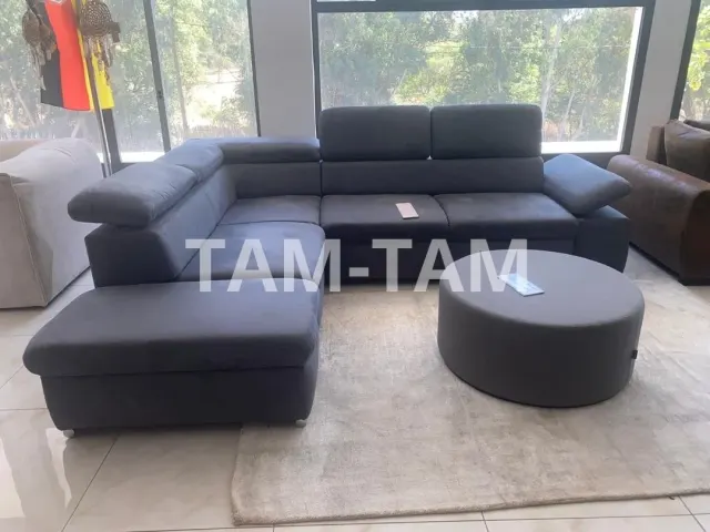 Grand Canapé d’Angle Gris Anthracite + Pouf Rond Assorti